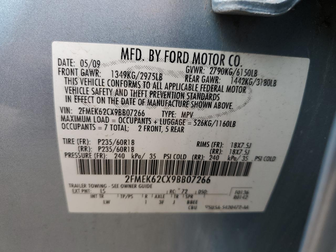 2FMEK62CX9BB07266 2009 Ford Flex Sel