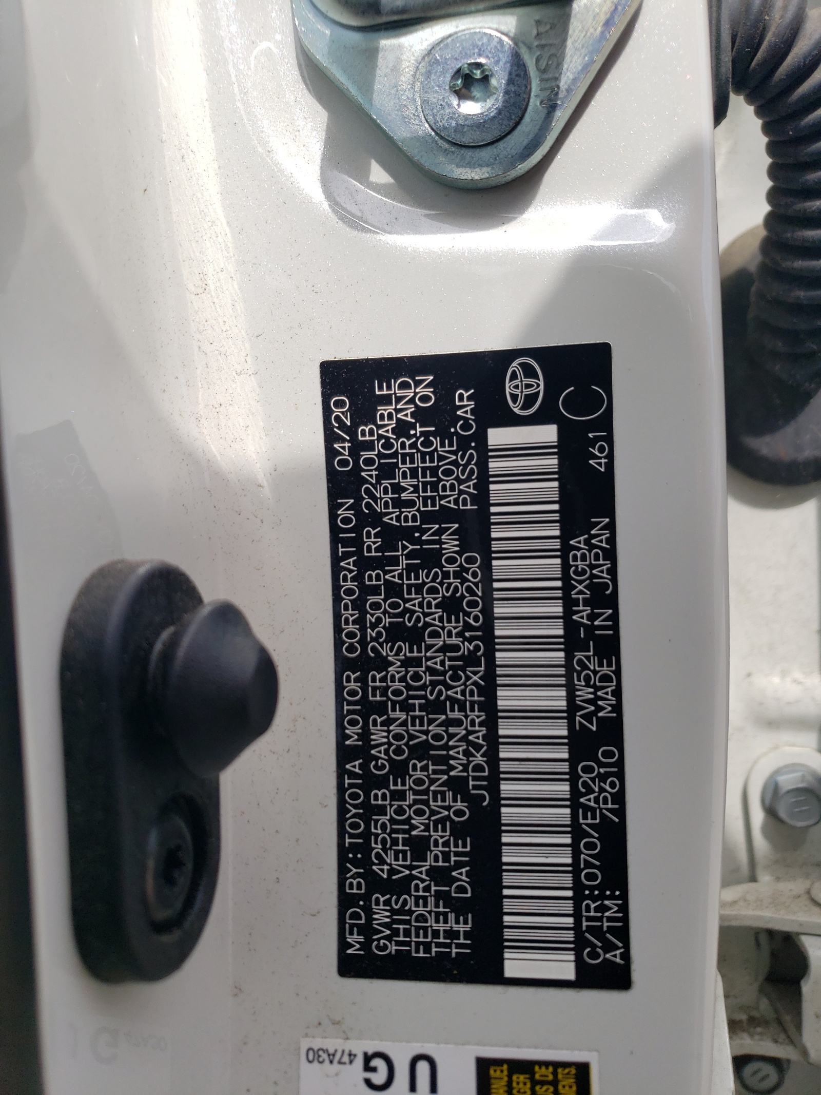 JTDKARFPXL3160260 2020 Toyota Prius Prime Le