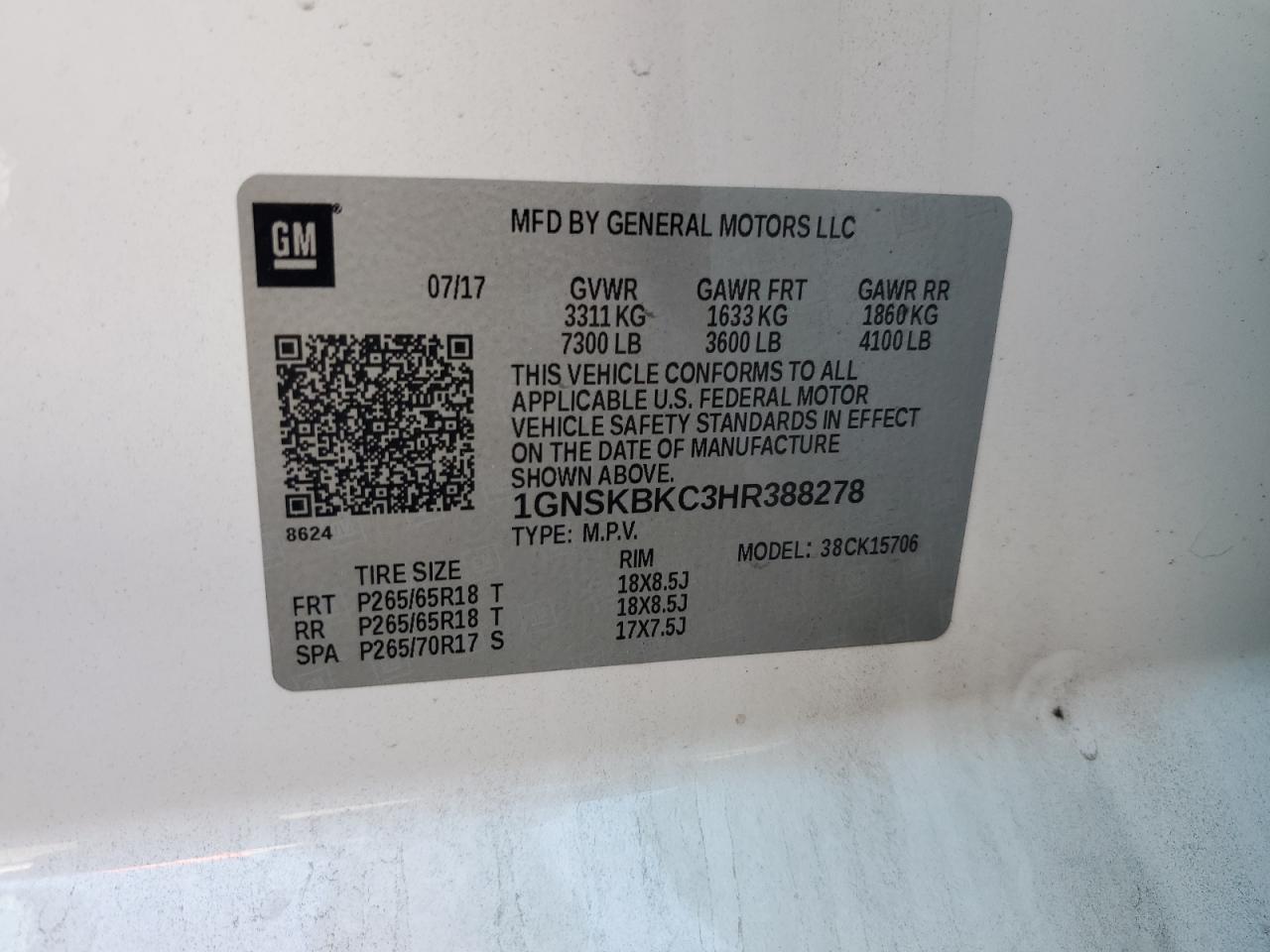 2017 Chevrolet Tahoe K1500 Lt VIN: 1GNSKBKC3HR388278 Lot: 65427044