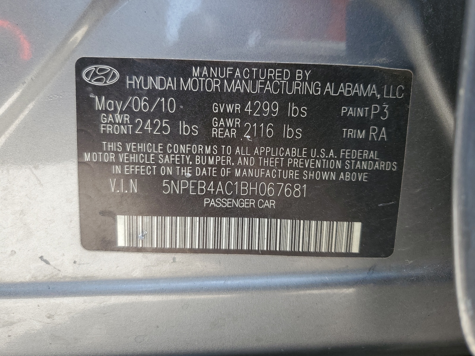 5NPEB4AC1BH067681 2011 Hyundai Sonata Gls