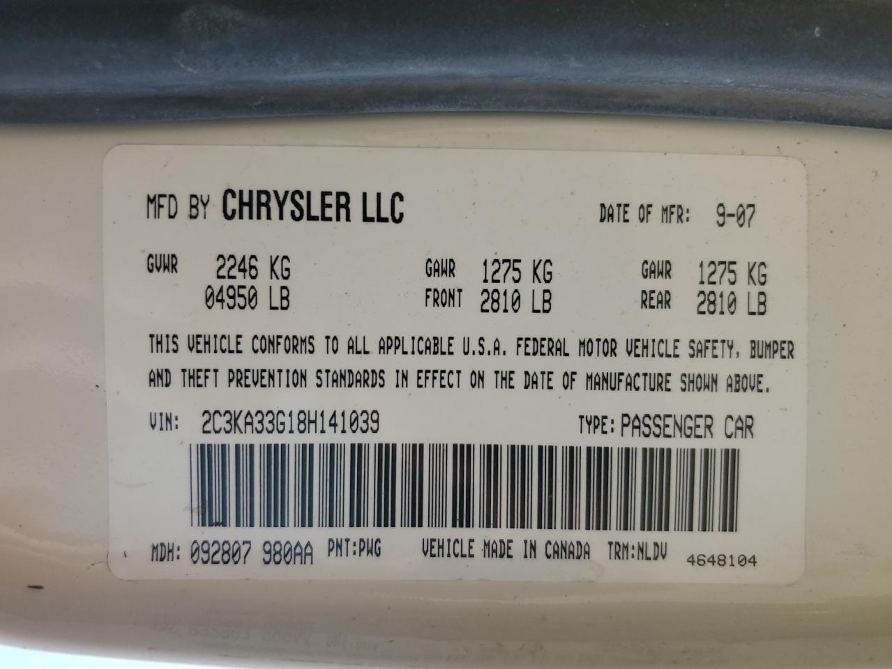 2008 Chrysler 300 Limited VIN: 2C3KA33G18H141039 Lot: 65407434