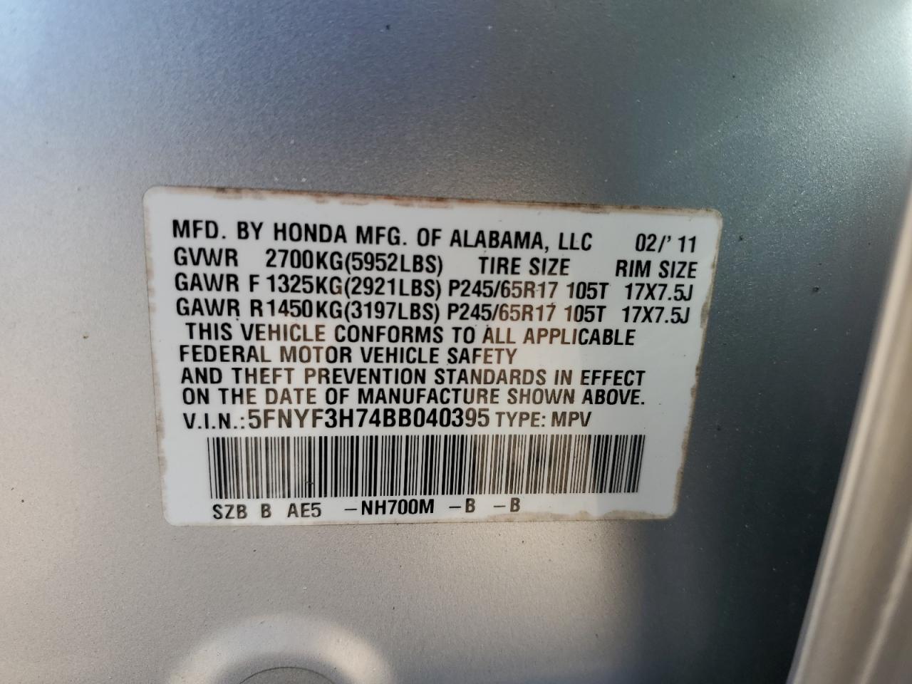 2011 Honda Pilot Exln VIN: 5FNYF3H74BB040395 Lot: 62754854