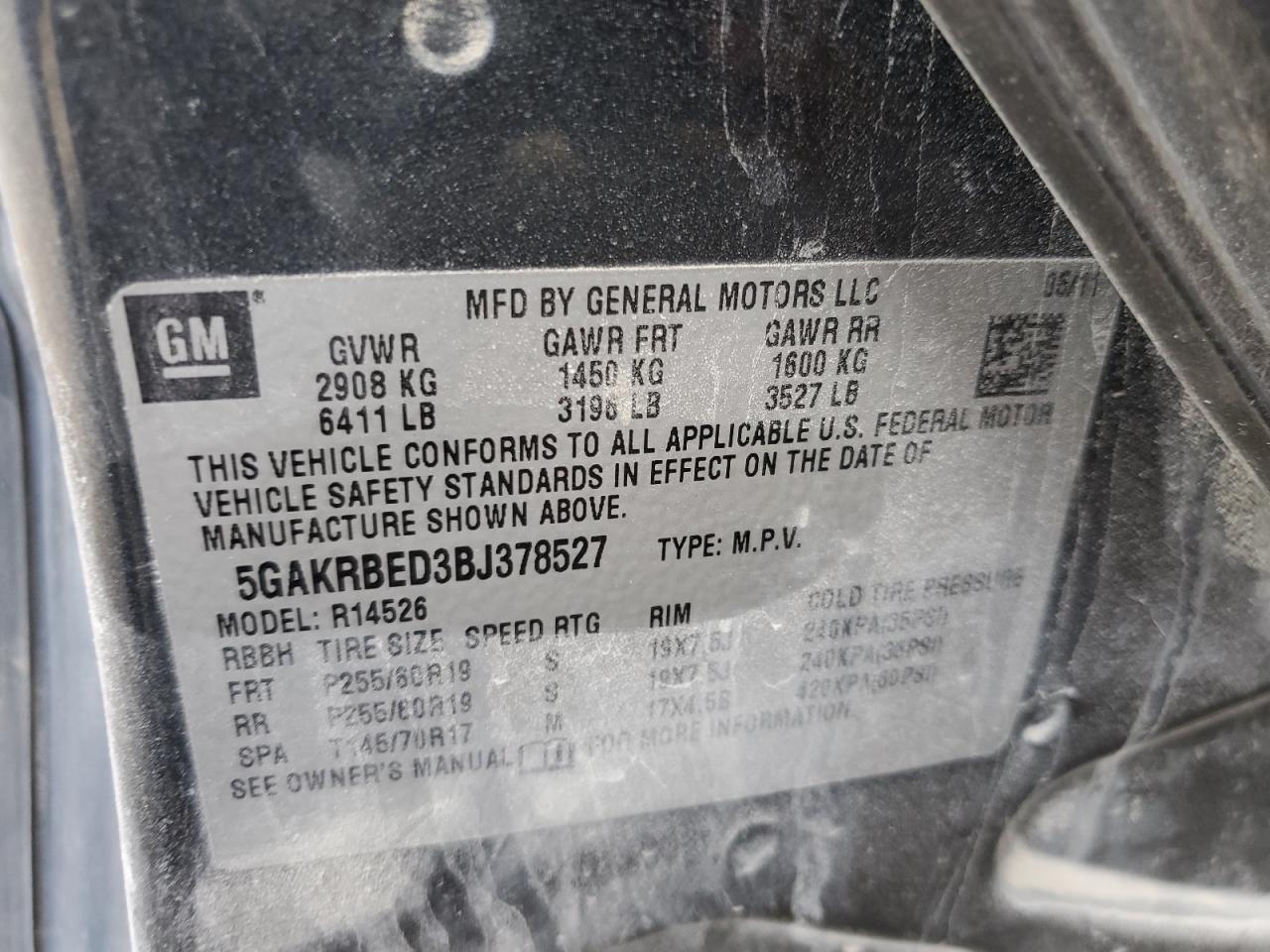 2011 Buick Enclave Cxl VIN: 5GAKRBED3BJ378527 Lot: 63495674