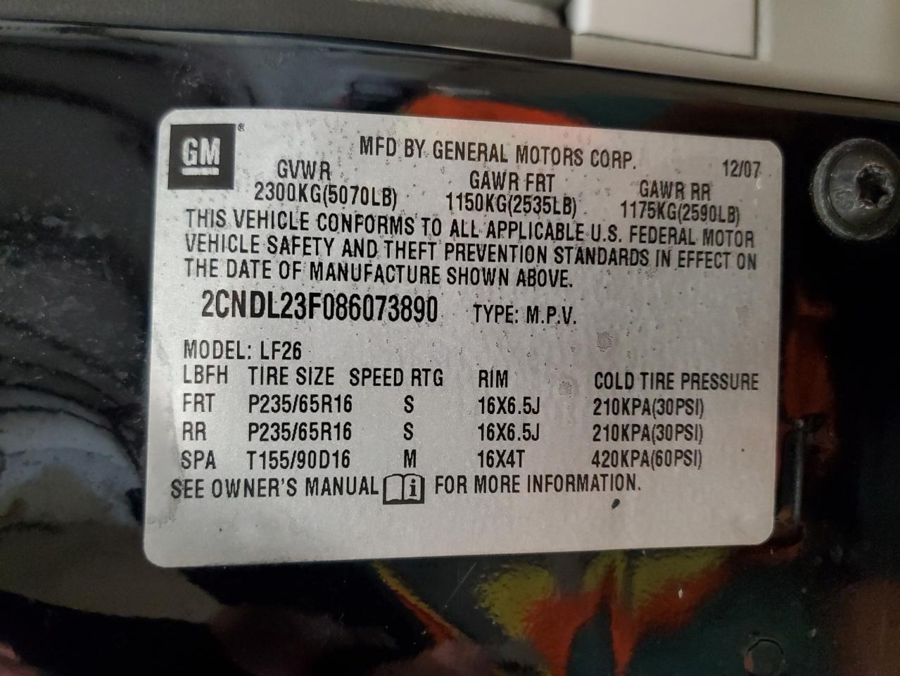 2008 Chevrolet Equinox Ls VIN: 2CNDL23F086073890 Lot: 64426594