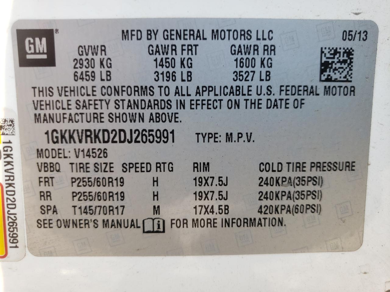 2013 GMC Acadia Slt-1 VIN: 1GKKVRKD2DJ265991 Lot: 62928764