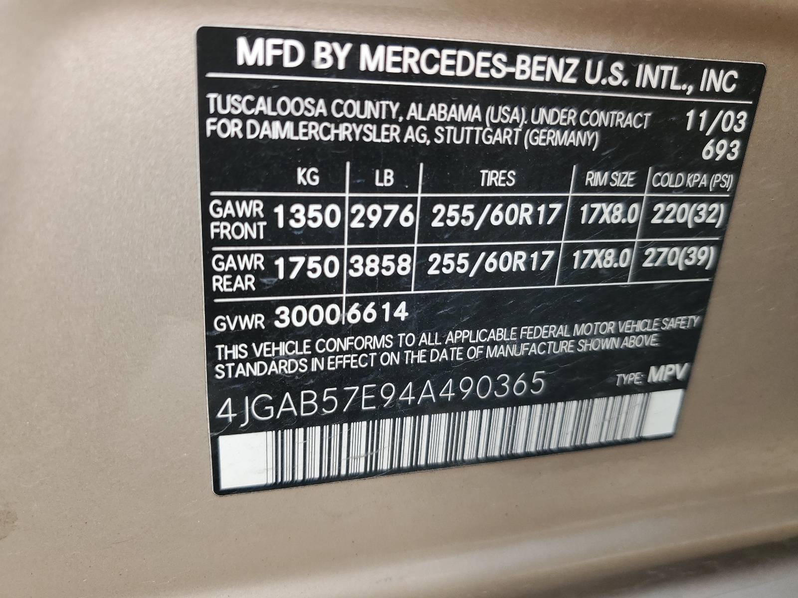 4JGAB57E94A490365 2004 Mercedes-Benz Ml 350