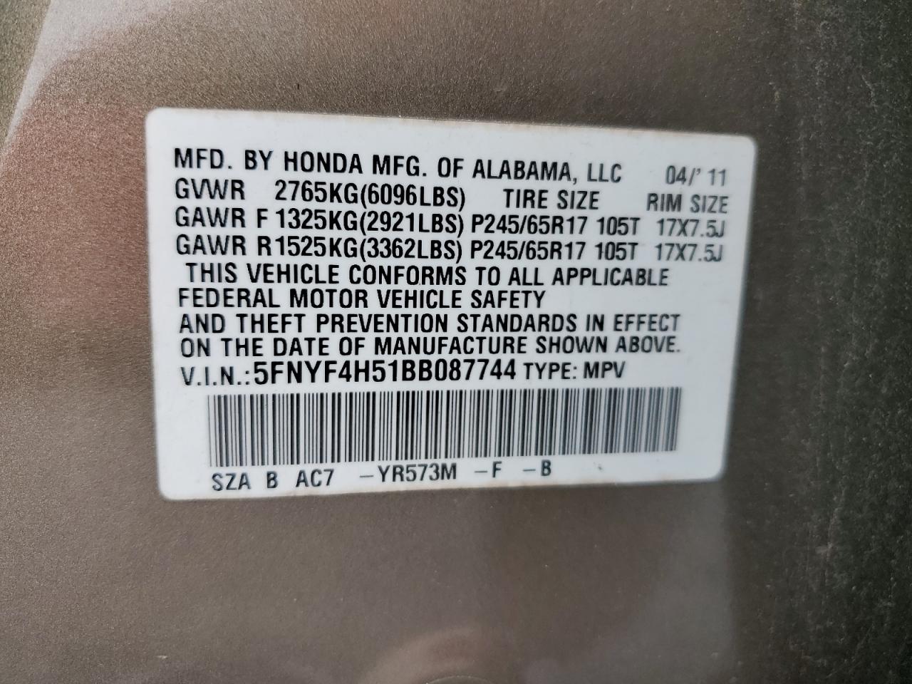 2011 Honda Pilot Exl VIN: 5FNYF4H51BB087744 Lot: 64717034
