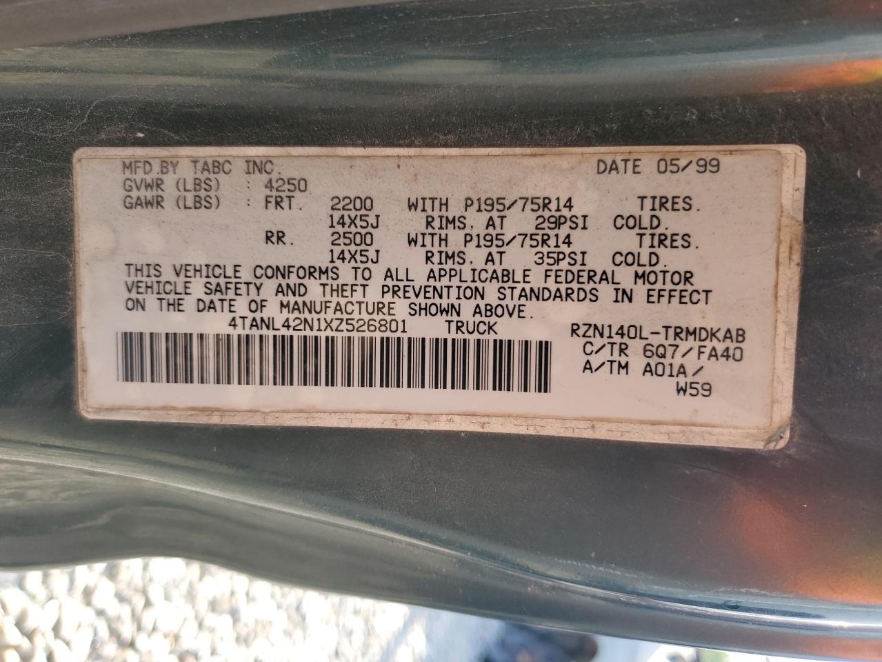 1999 Toyota Tacoma VIN: 4TANL42N1XZ526801 Lot: 62696914