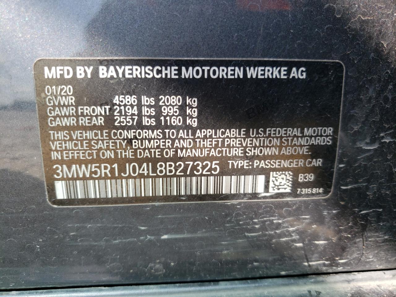 3MW5R1J04L8B27325 BMW 3 Series 330I 12