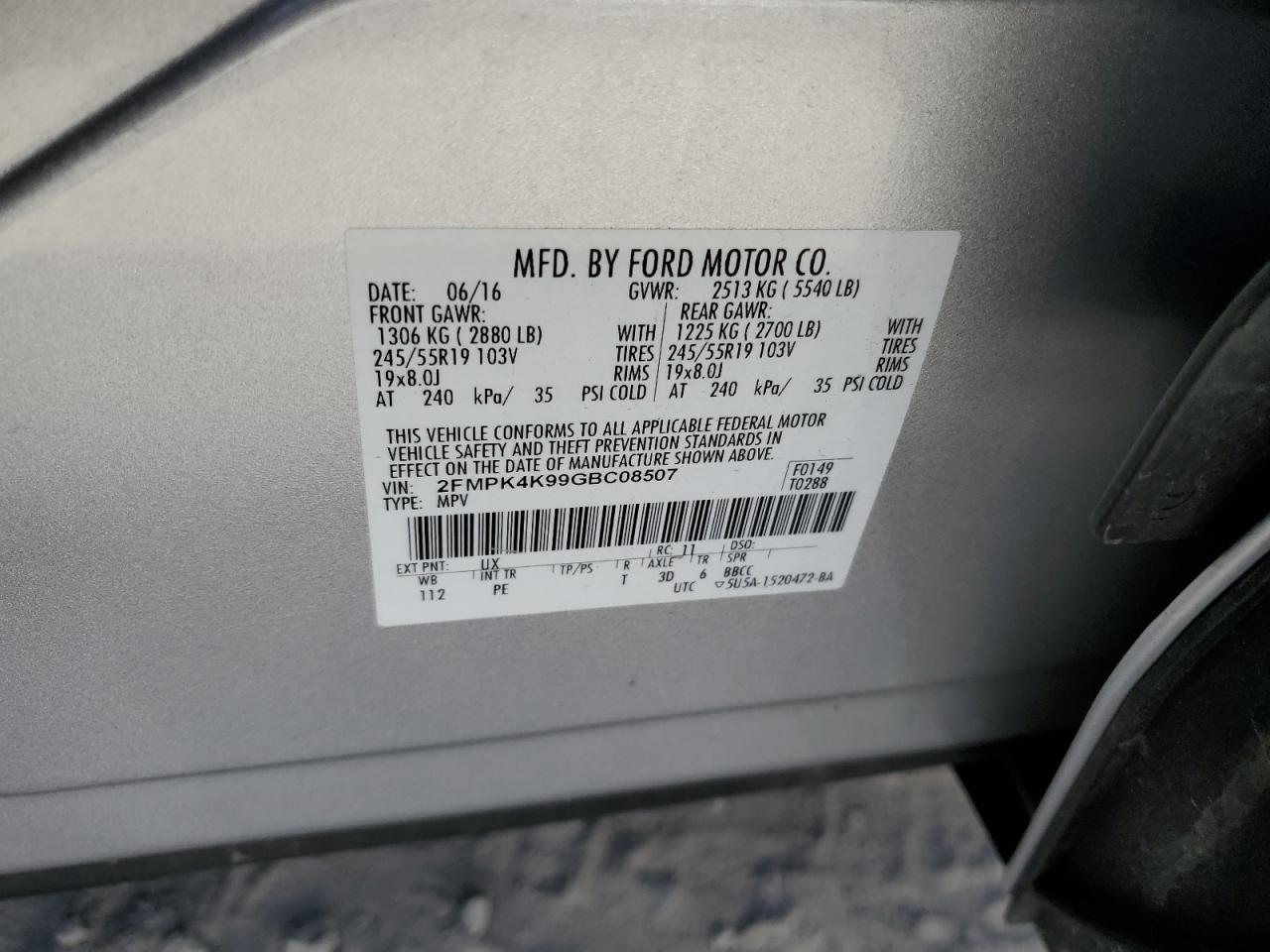 2016 Ford Edge Titanium VIN: 2FMPK4K99GBC08507 Lot: 63836424