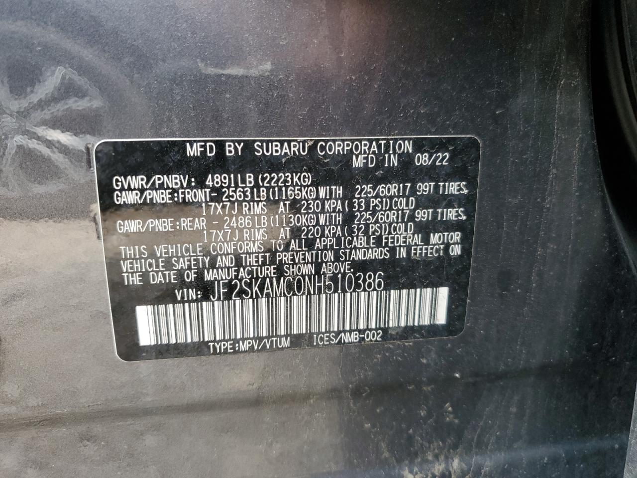 2022 Subaru Forester Wilderness VIN: JF2SKAMC0NH510386 Lot: 64234644