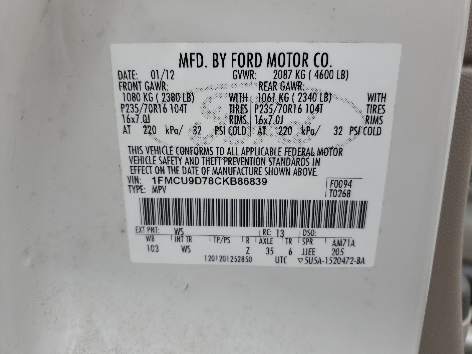 1FMCU9D78CKB86839 2012 Ford Escape Xlt