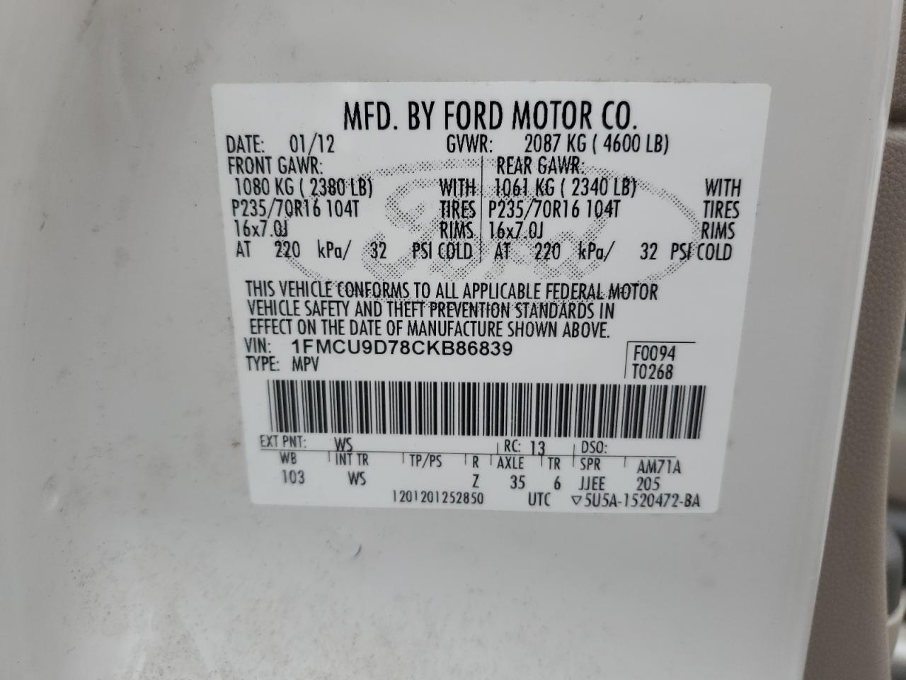 2012 Ford Escape Xlt VIN: 1FMCU9D78CKB86839 Lot: 64235684