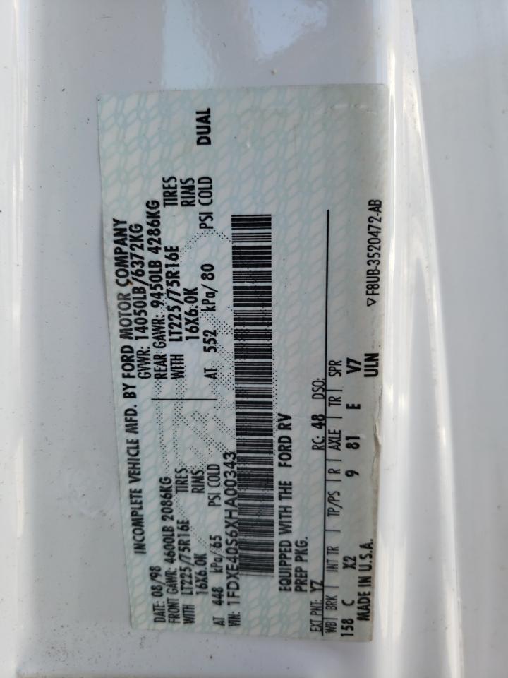 1999 Ford Econoline E450 Super Duty Cutaway Van Rv VIN: 1FDXE40S6XHA00343 Lot: 62268024