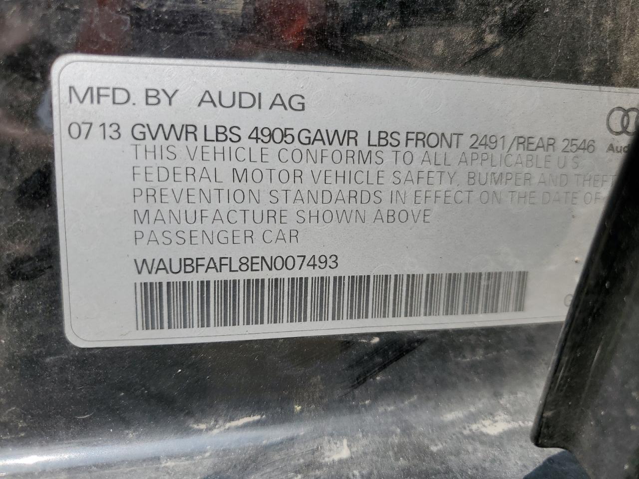 2014 Audi A4 Premium VIN: WAUBFAFL8EN007493 Lot: 64874264