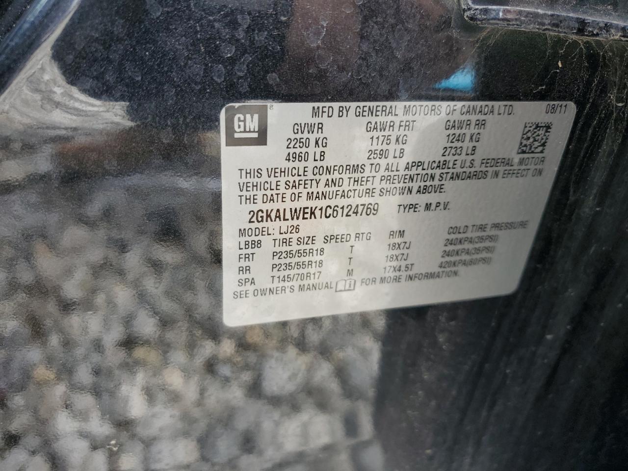 2012 GMC Terrain Slt VIN: 2GKALWEK1C6124769 Lot: 62988104