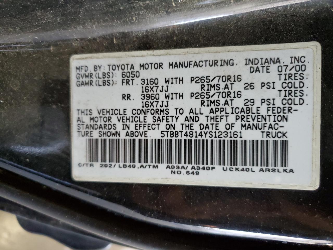 2000 Toyota Tundra Access Cab Limited VIN: 5TBBT4814YS123161 Lot: 65352364