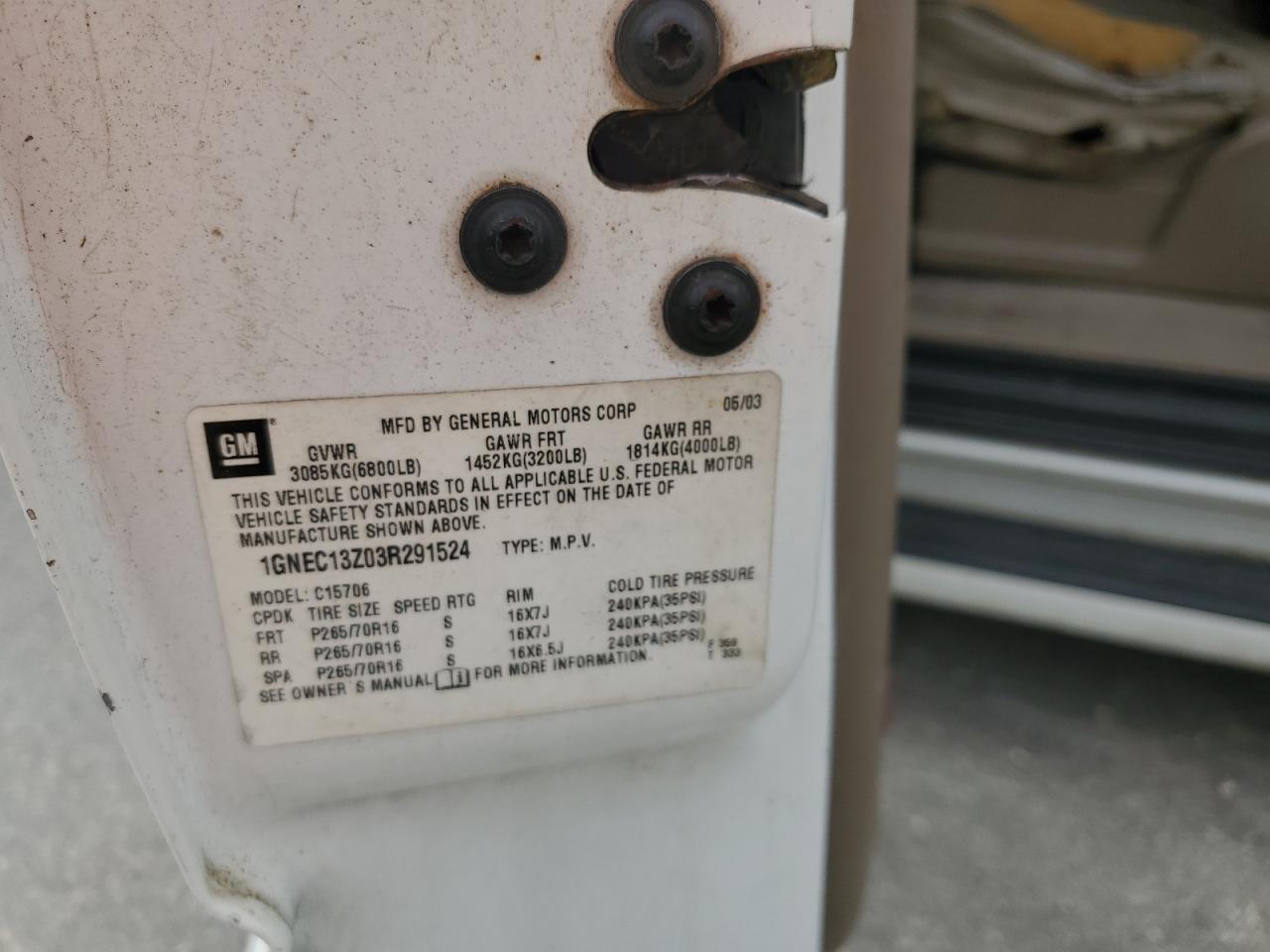 2003 Chevrolet Tahoe C1500 VIN: 1GNEC13Z03R291524 Lot: 64250704