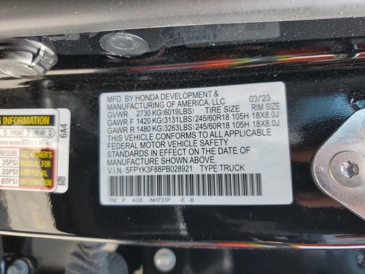 2023 Honda Ridgeline Black Edition VIN: 5FPYK3F88PB028921 Lot: 65353484