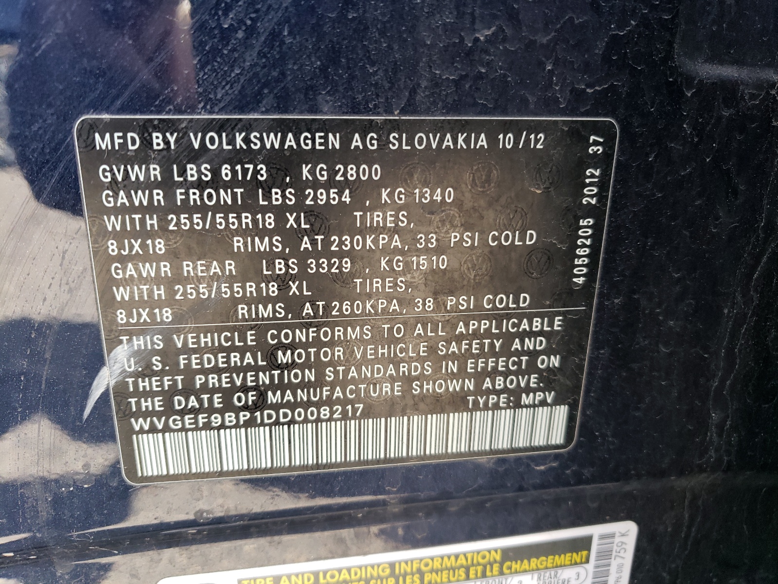 WVGEF9BP1DD008217 2013 Volkswagen Touareg V6