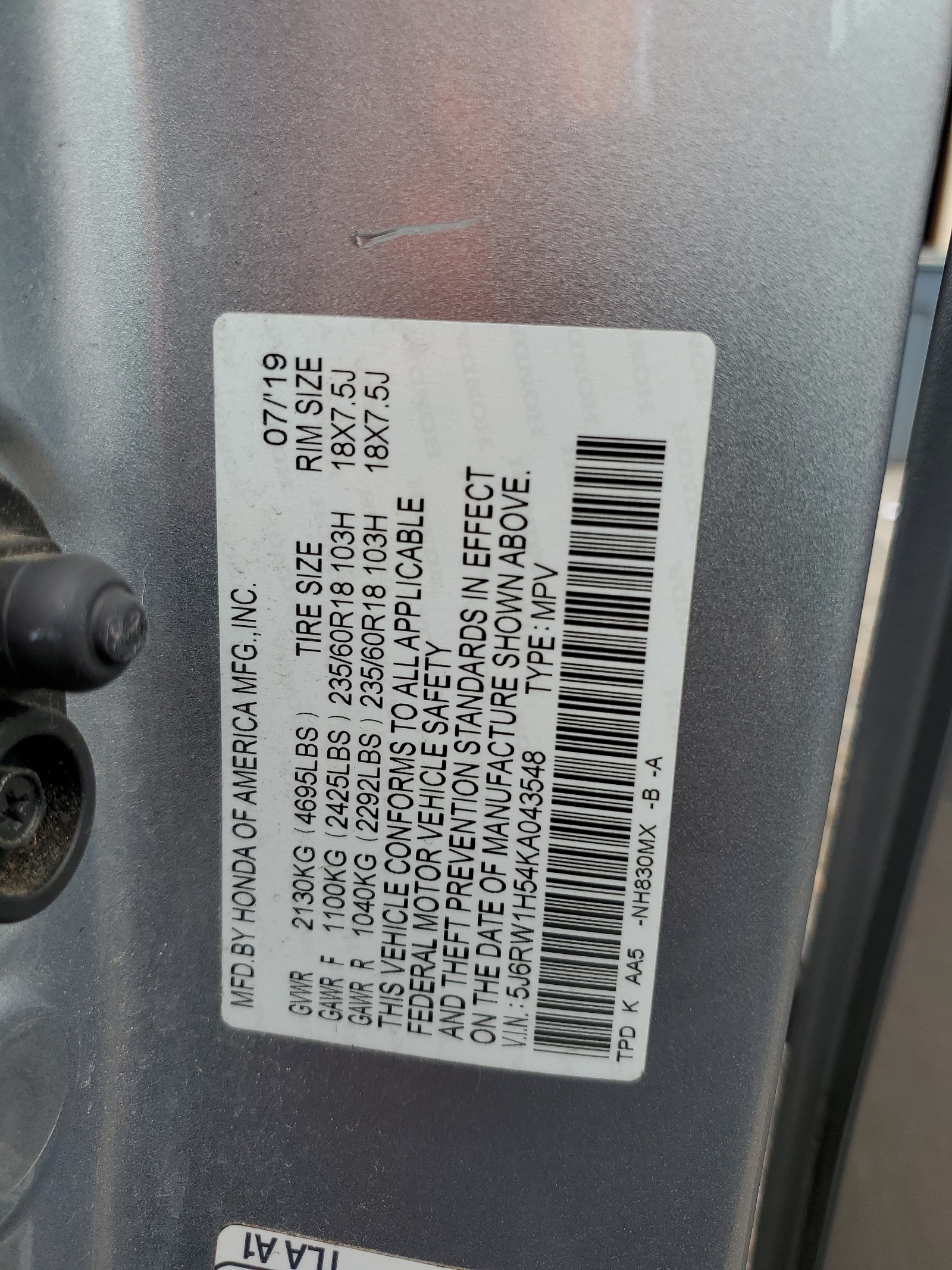 5J6RW1H54KA043548 2019 Honda Cr-V Ex