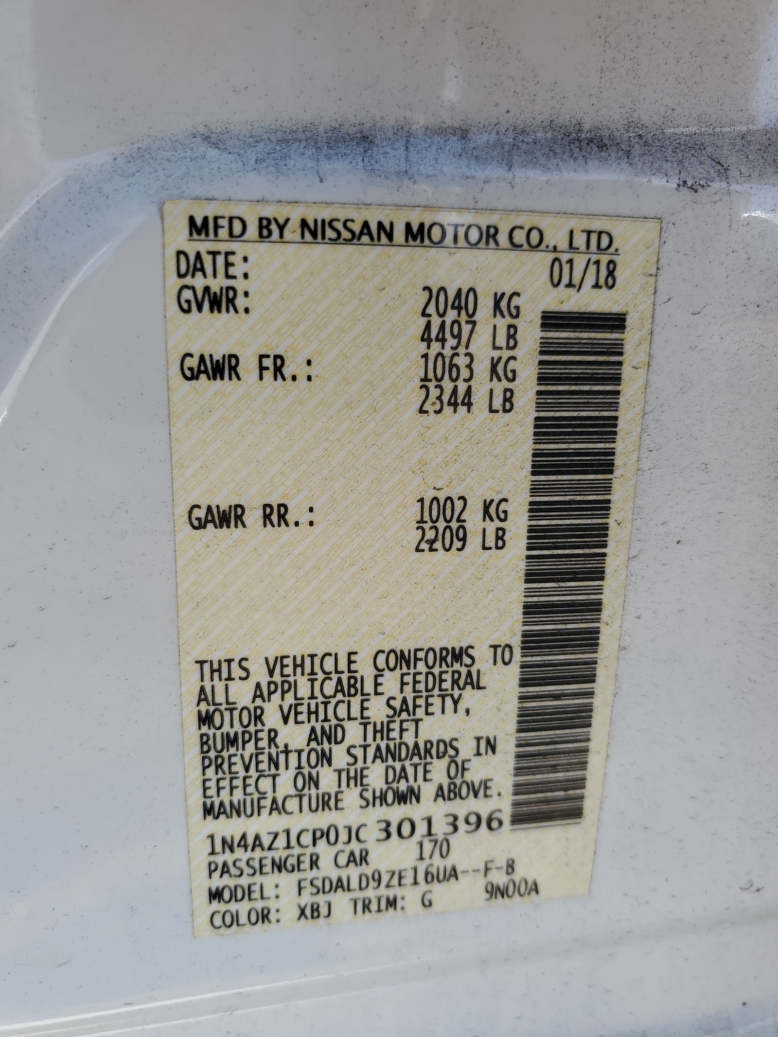 1N4AZ1CP0JC301396 2018 Nissan Leaf S