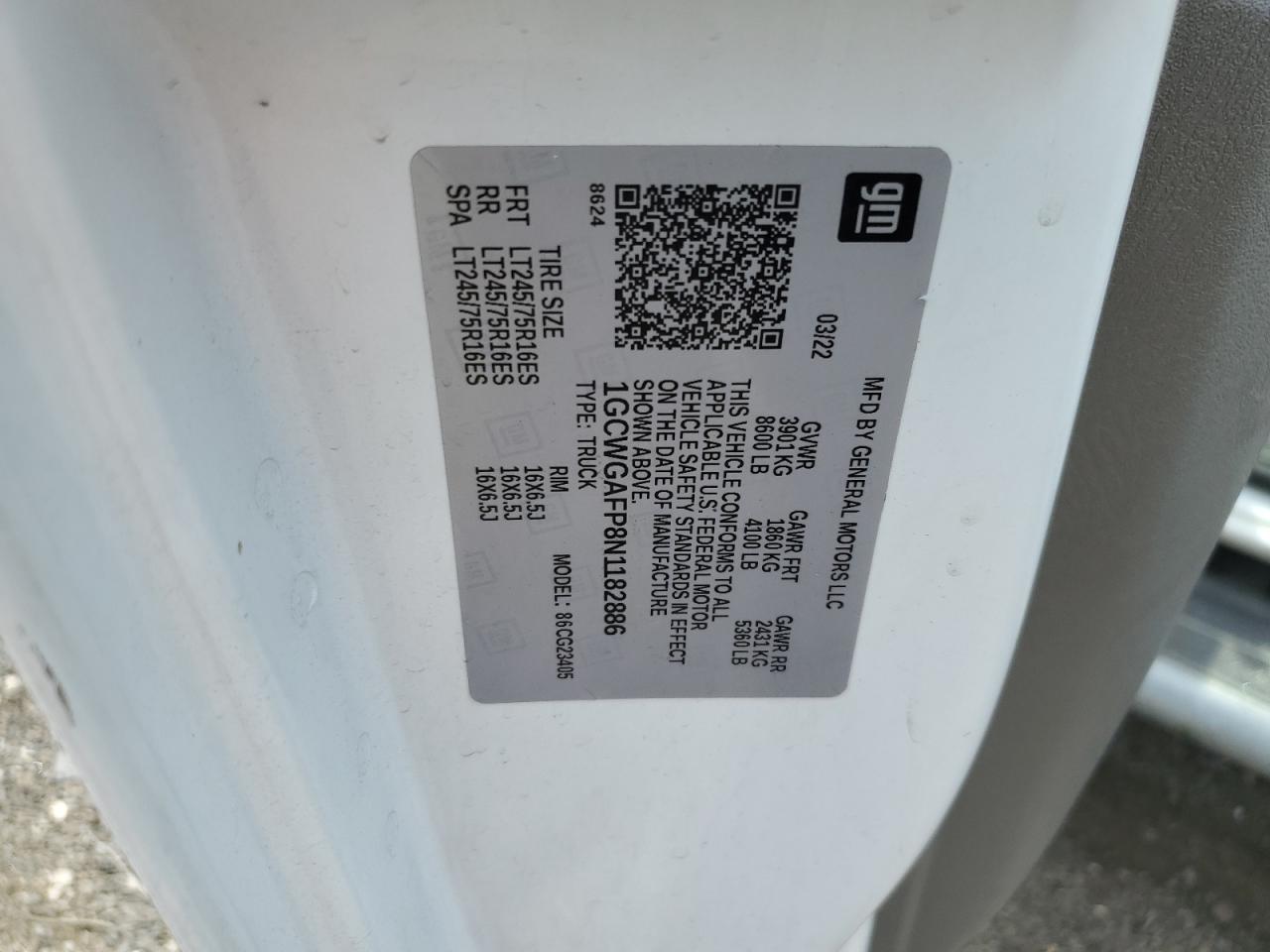 2022 Chevrolet Express G2500 VIN: 1GCWGAFP8N1182886 Lot: 63303554