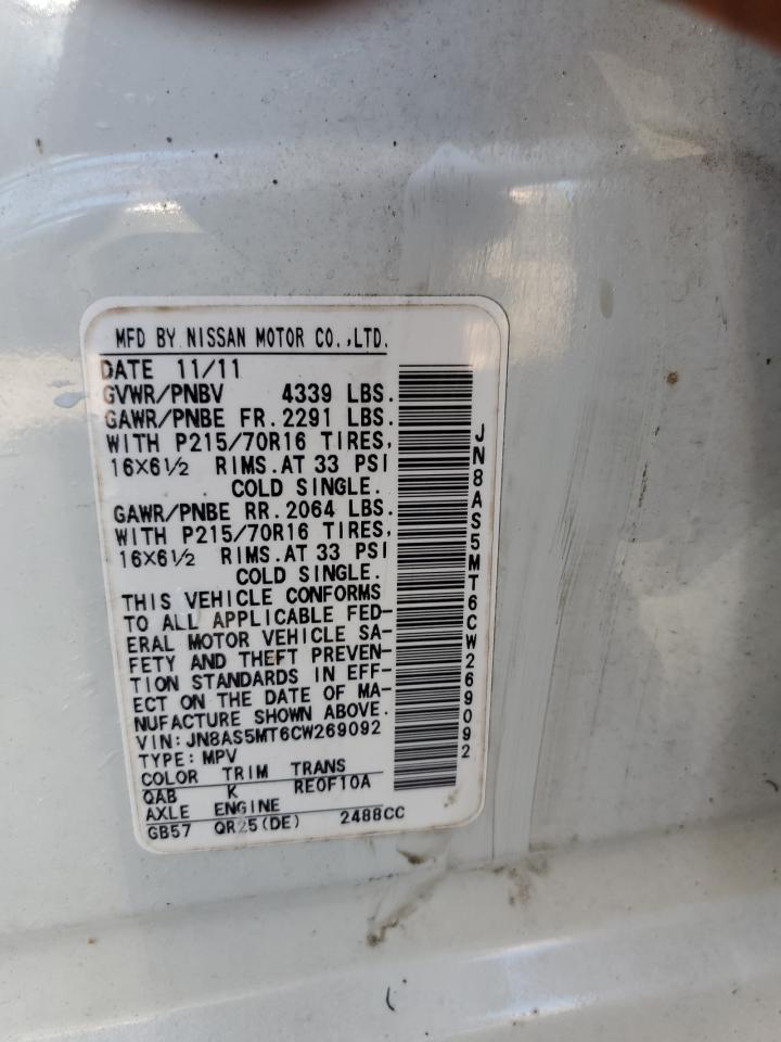 2012 Nissan Rogue S VIN: JN8AS5MT6CW269092 Lot: 62294114