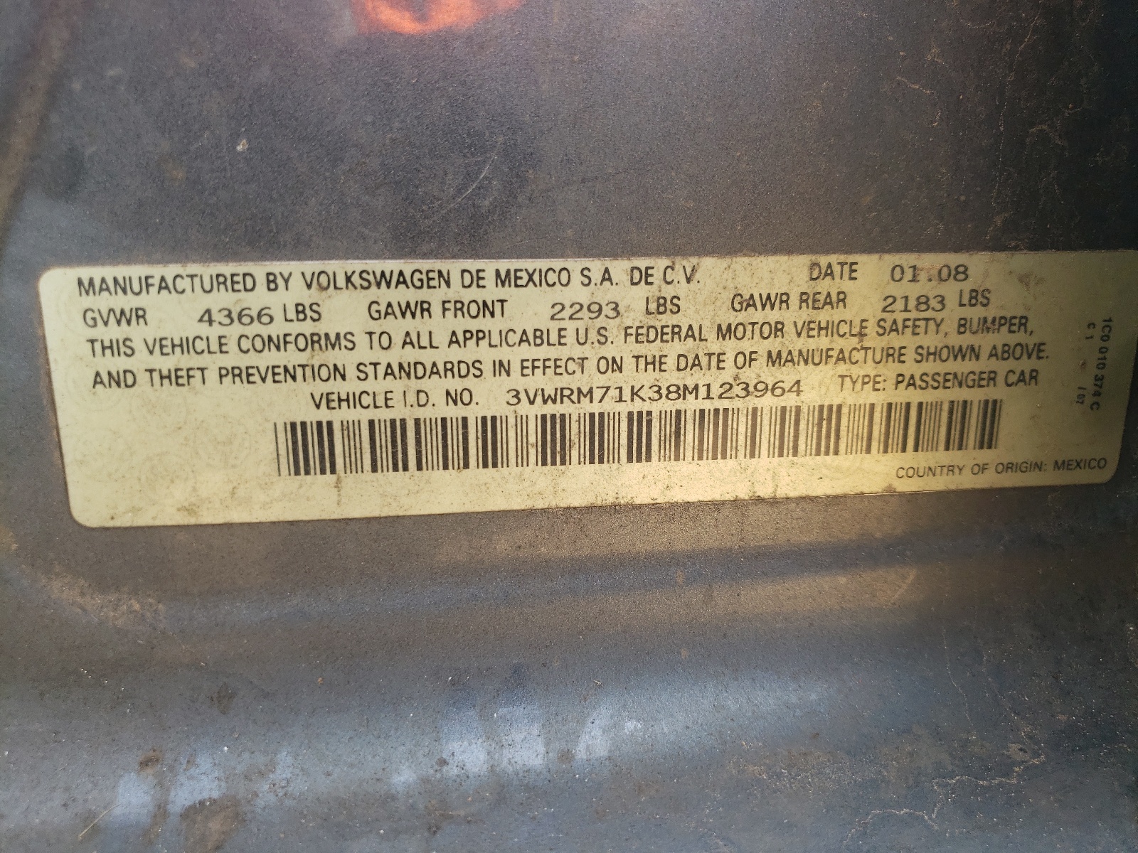 3VWRM71K38M123964 2008 Volkswagen Jetta Se