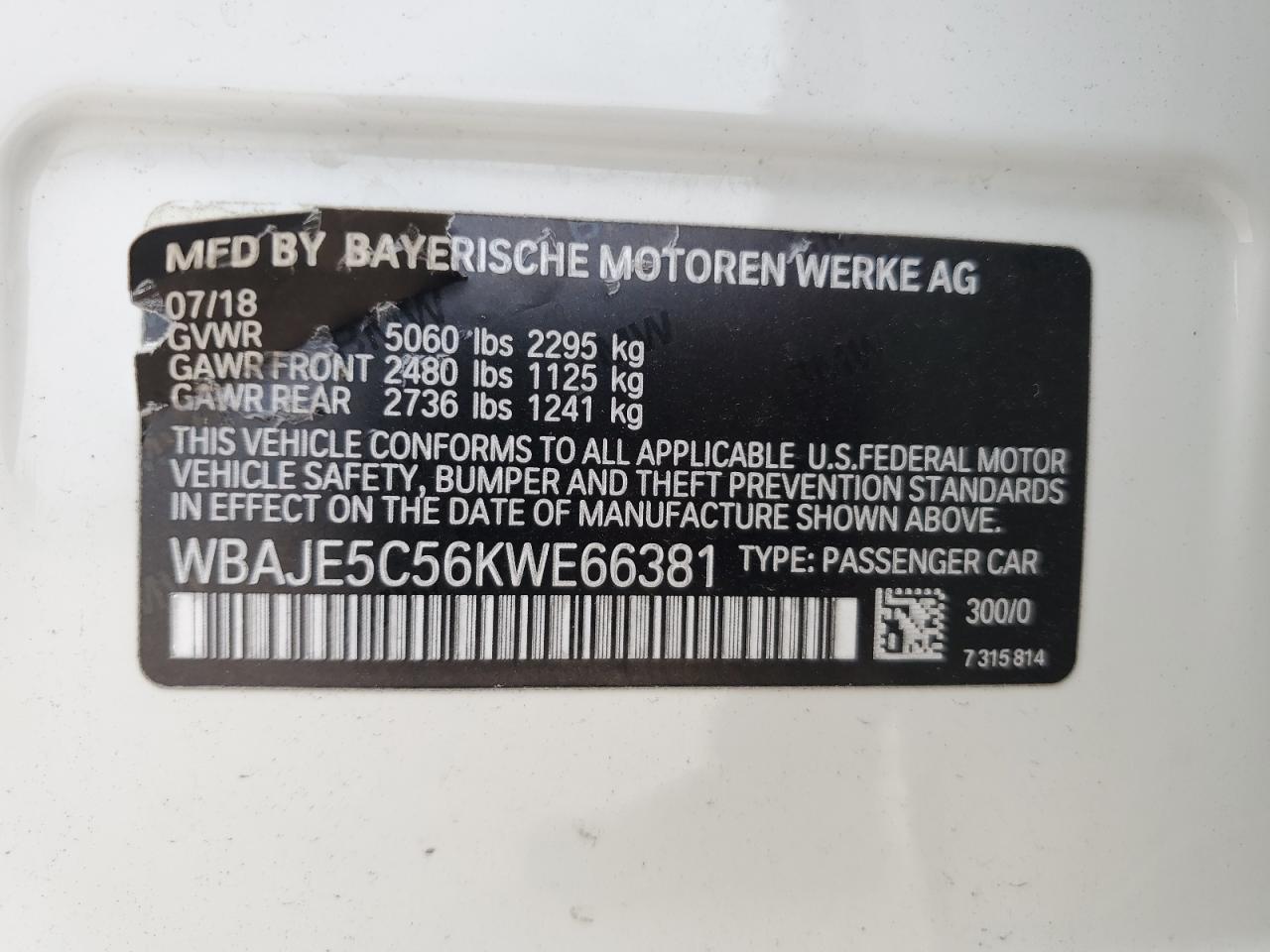 2019 BMW 540 I VIN: WBAJE5C56KWE66381 Lot: 63255004