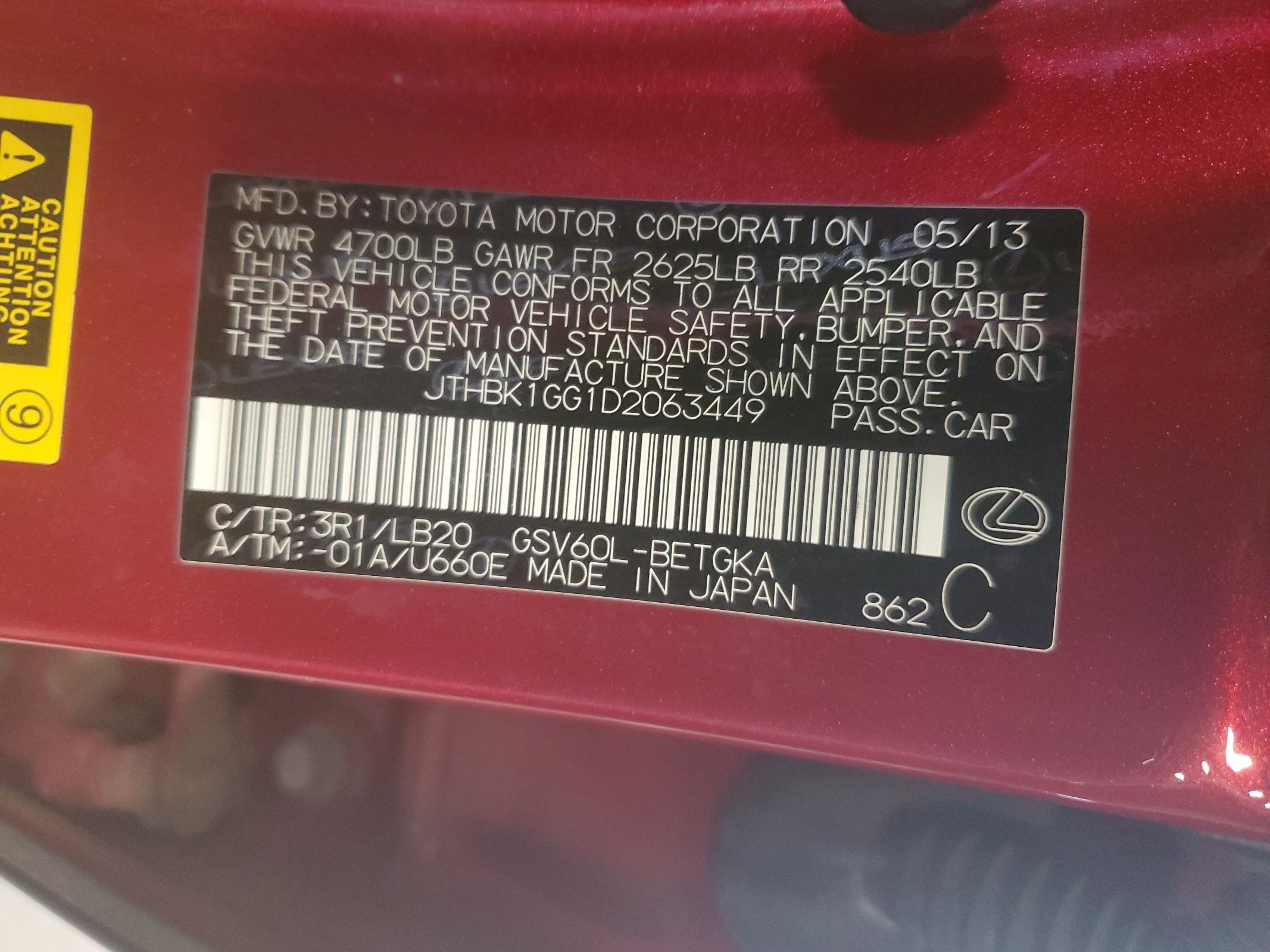 JTHBK1GG1D2063449 2013 Lexus Es 350