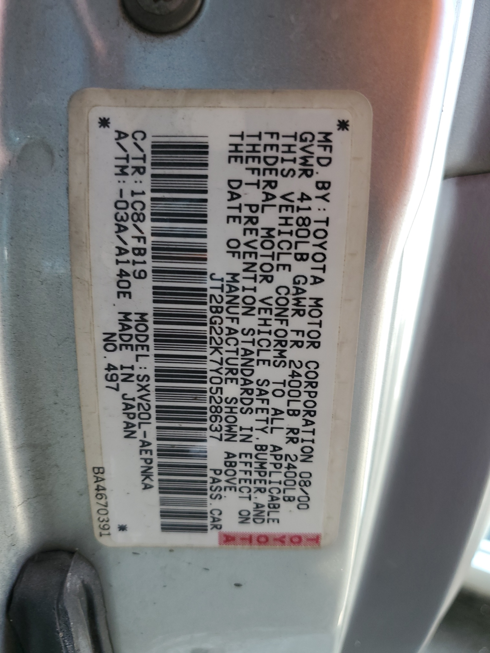 JT2BG22K7Y0528637 2000 Toyota Camry Ce