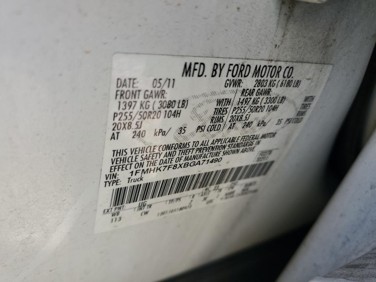 2011 Ford Explorer Limited VIN: 1FMHK7F8XBGA71490 Lot: 61407934