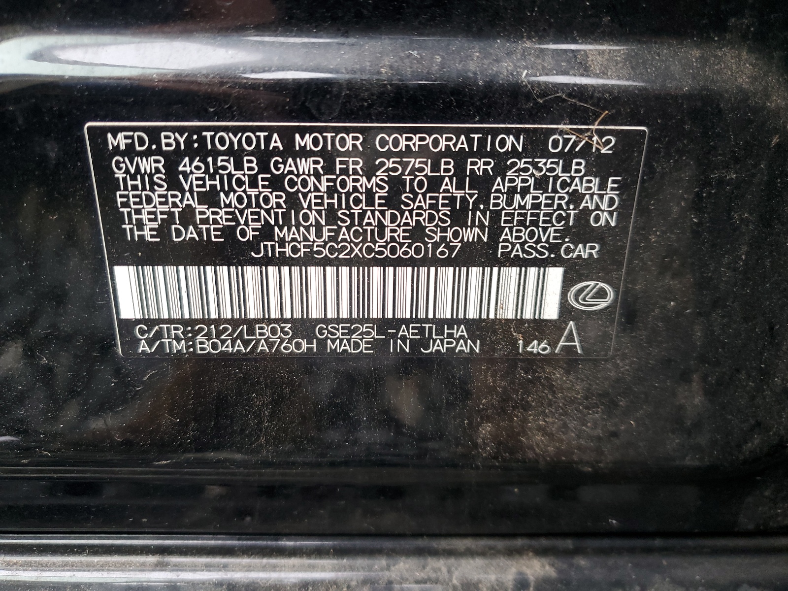 JTHCF5C2XC5060167 2012 Lexus Is 250