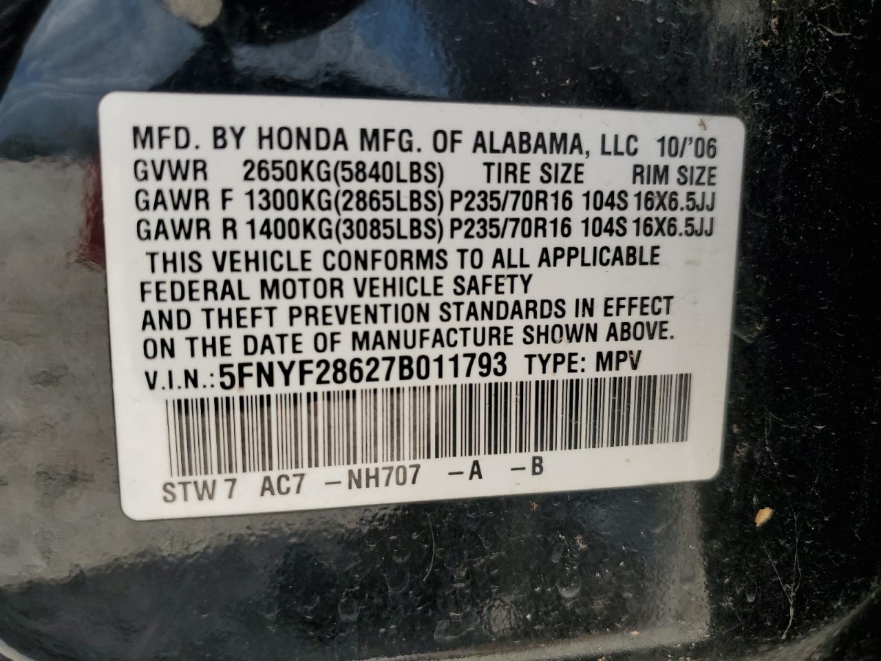 2007 Honda Pilot Exl VIN: 5FNYF28627B011793 Lot: 64196374