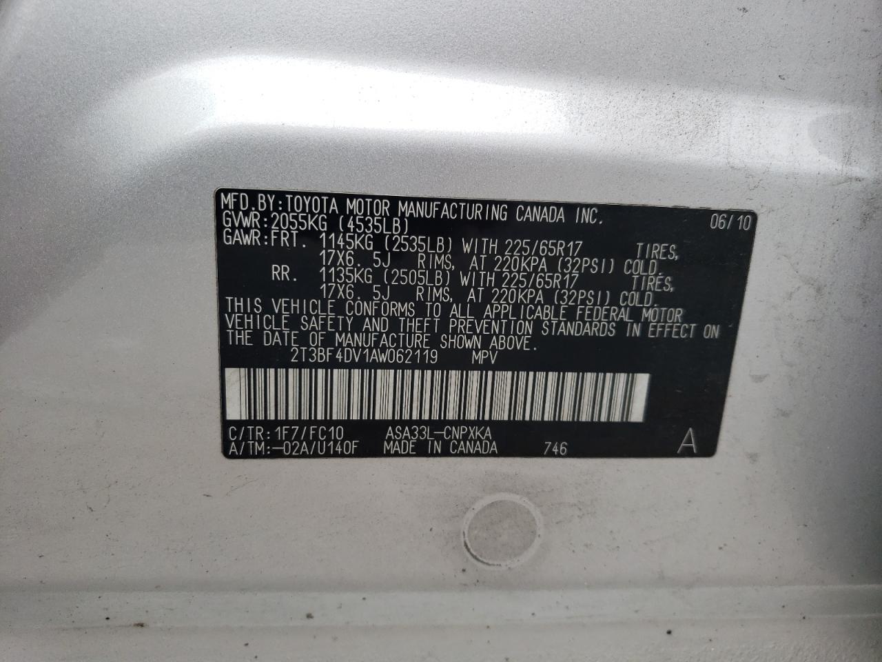 2010 Toyota Rav4 VIN: 2T3BF4DV1AW062119 Lot: 62541644