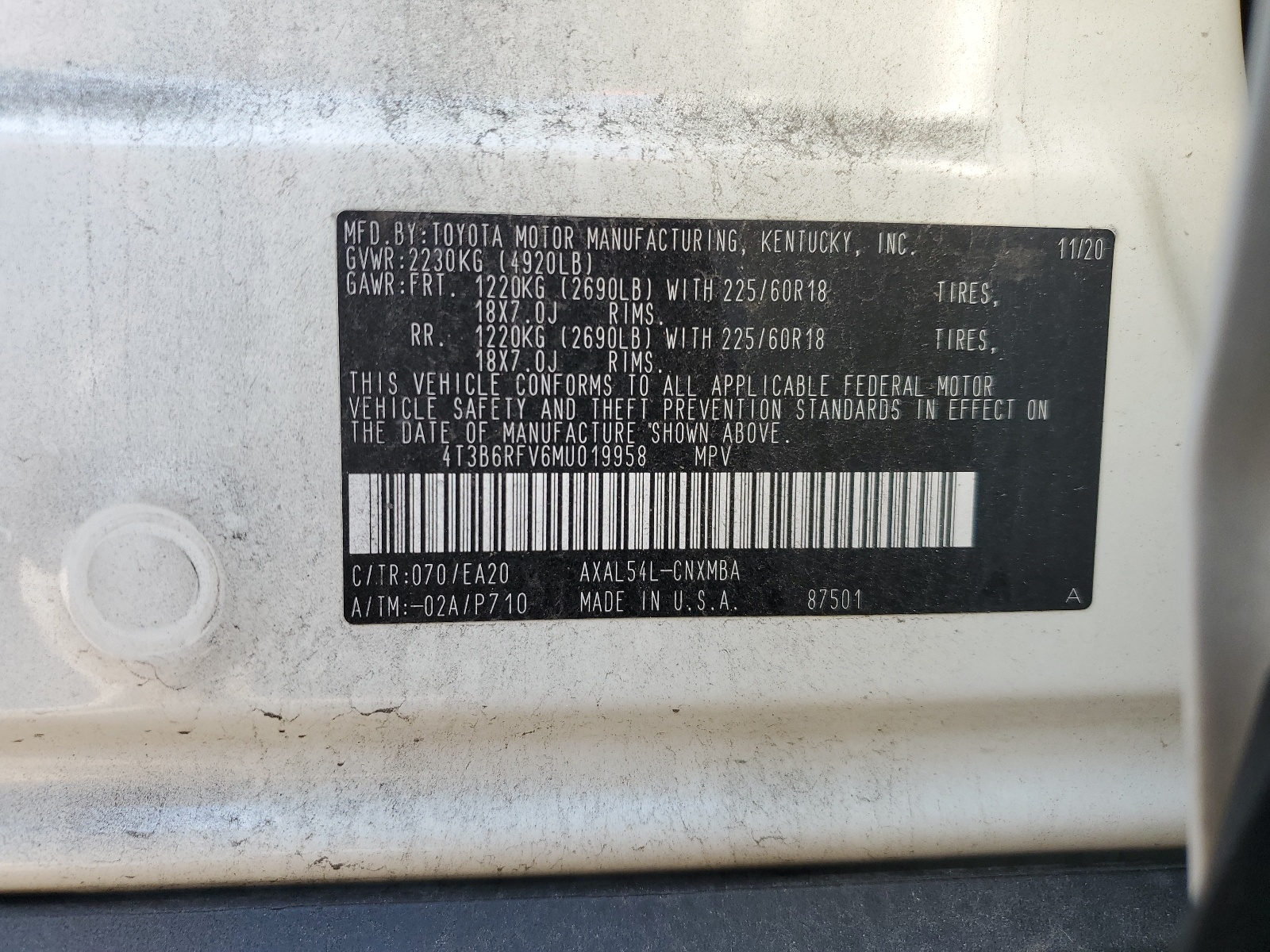 4T3B6RFV6MU019958 2021 Toyota Rav4 Xle Premium