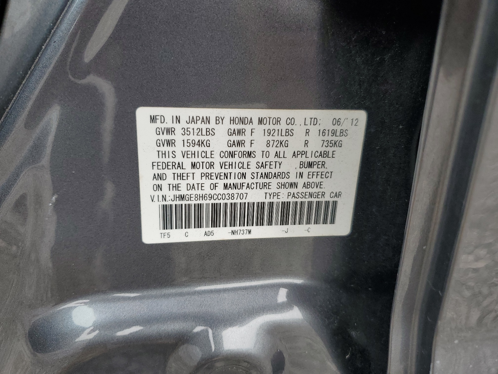 JHMGE8H69CC038707 2012 Honda Fit Sport