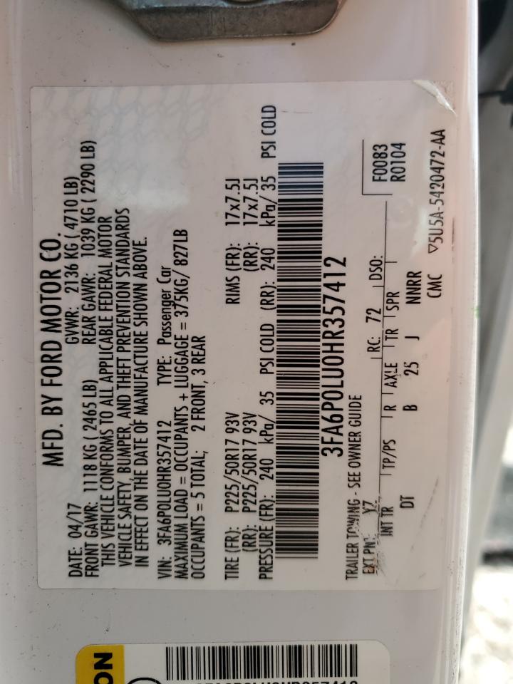 2017 Ford Fusion Se Hybrid VIN: 3FA6P0LU0HR357412 Lot: 63994754