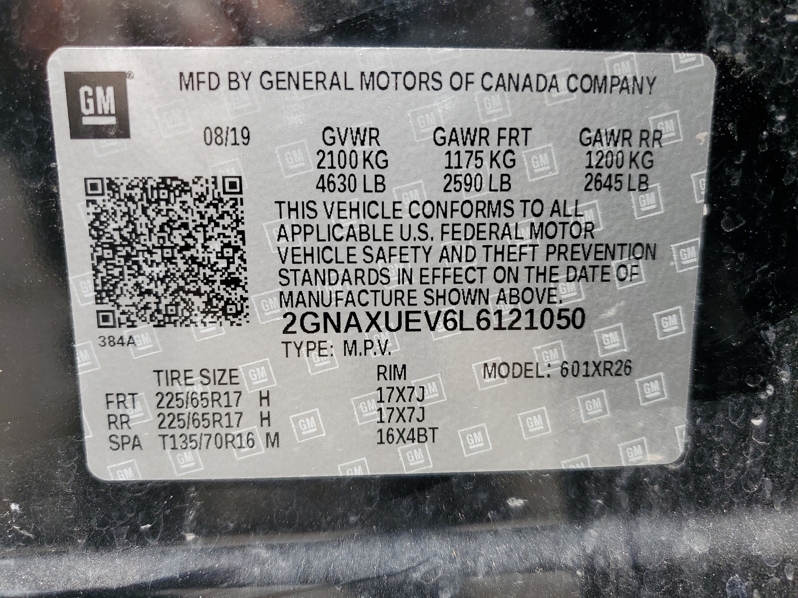 2GNAXUEV6L6121050 2020 Chevrolet Equinox Lt