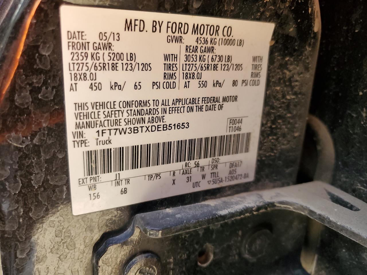 2013 Ford F350 Super Duty VIN: 1FT7W3BTXDEB51653 Lot: 64435634