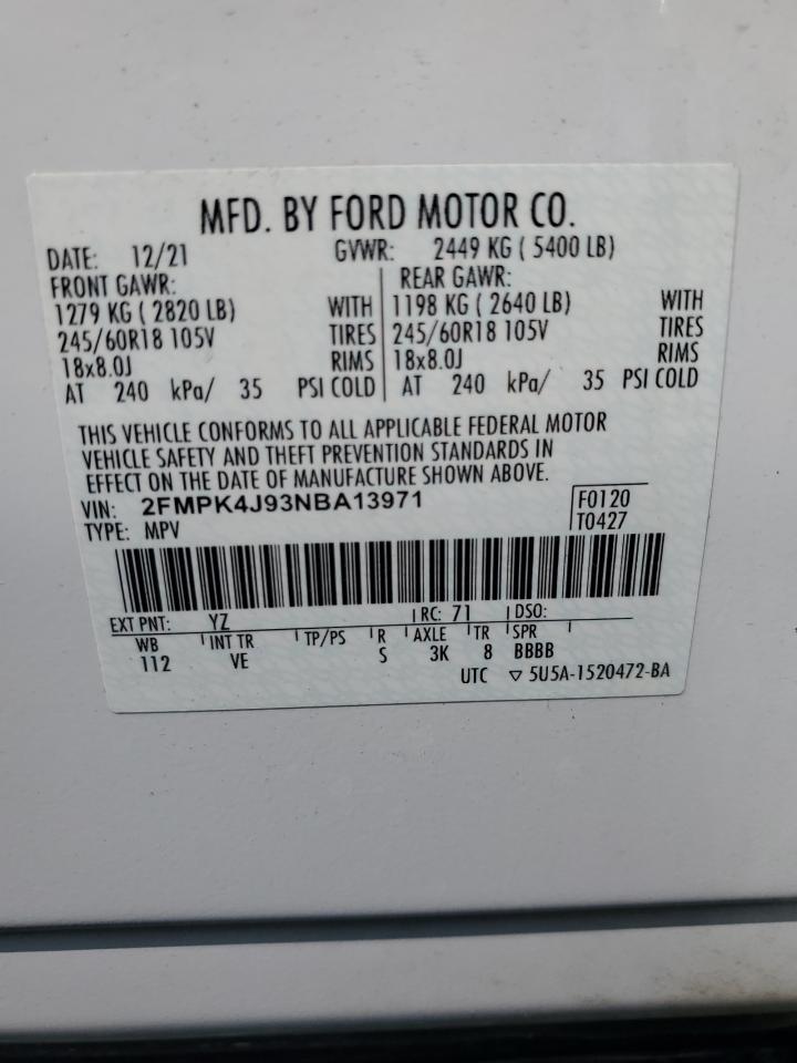 2022 Ford Edge Sel VIN: 2FMPK4J93NBA13971 Lot: 65632354