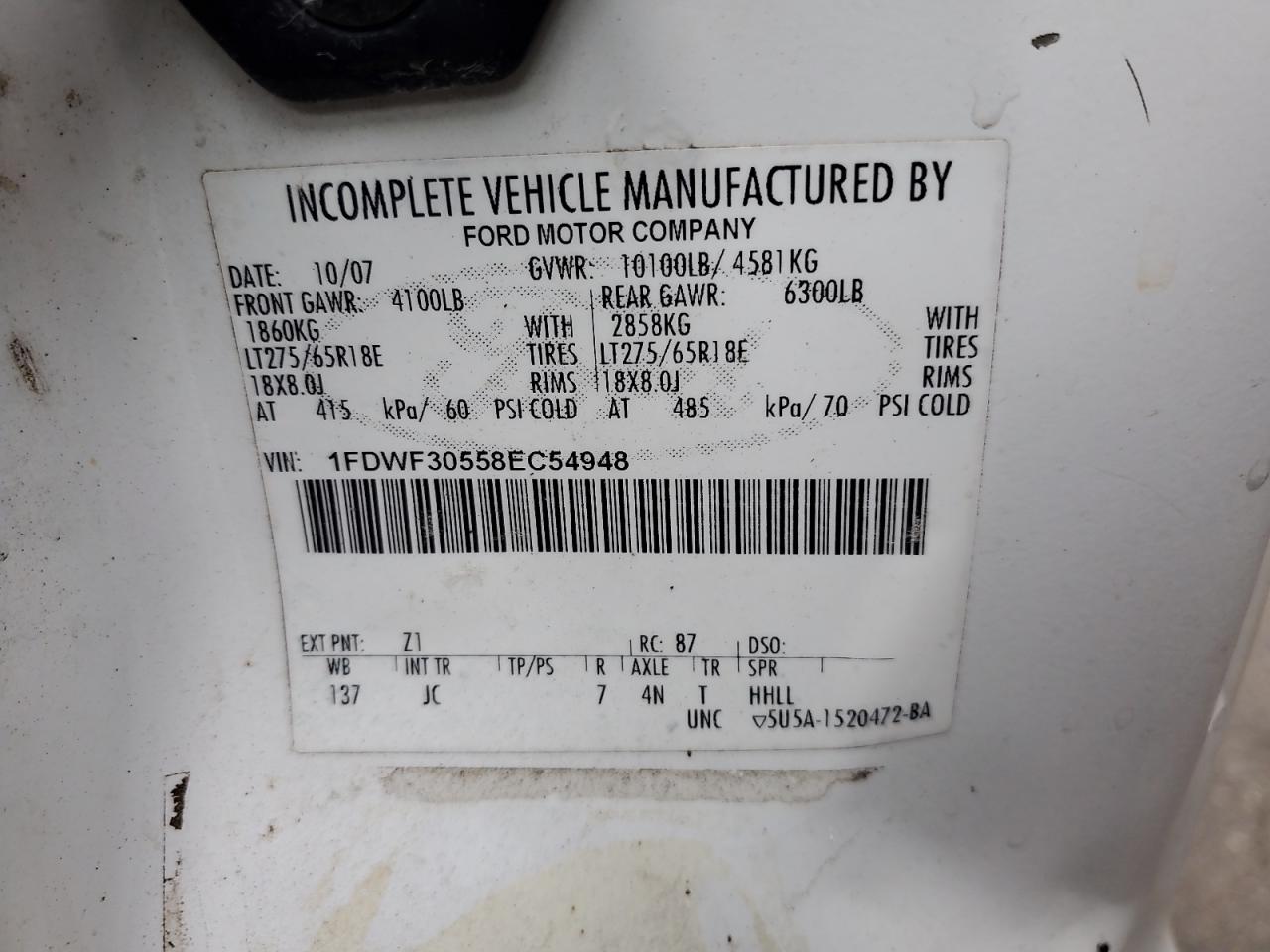 2008 Ford F350 Srw Super Duty VIN: 1FDWF30558EC54948 Lot: 62001594