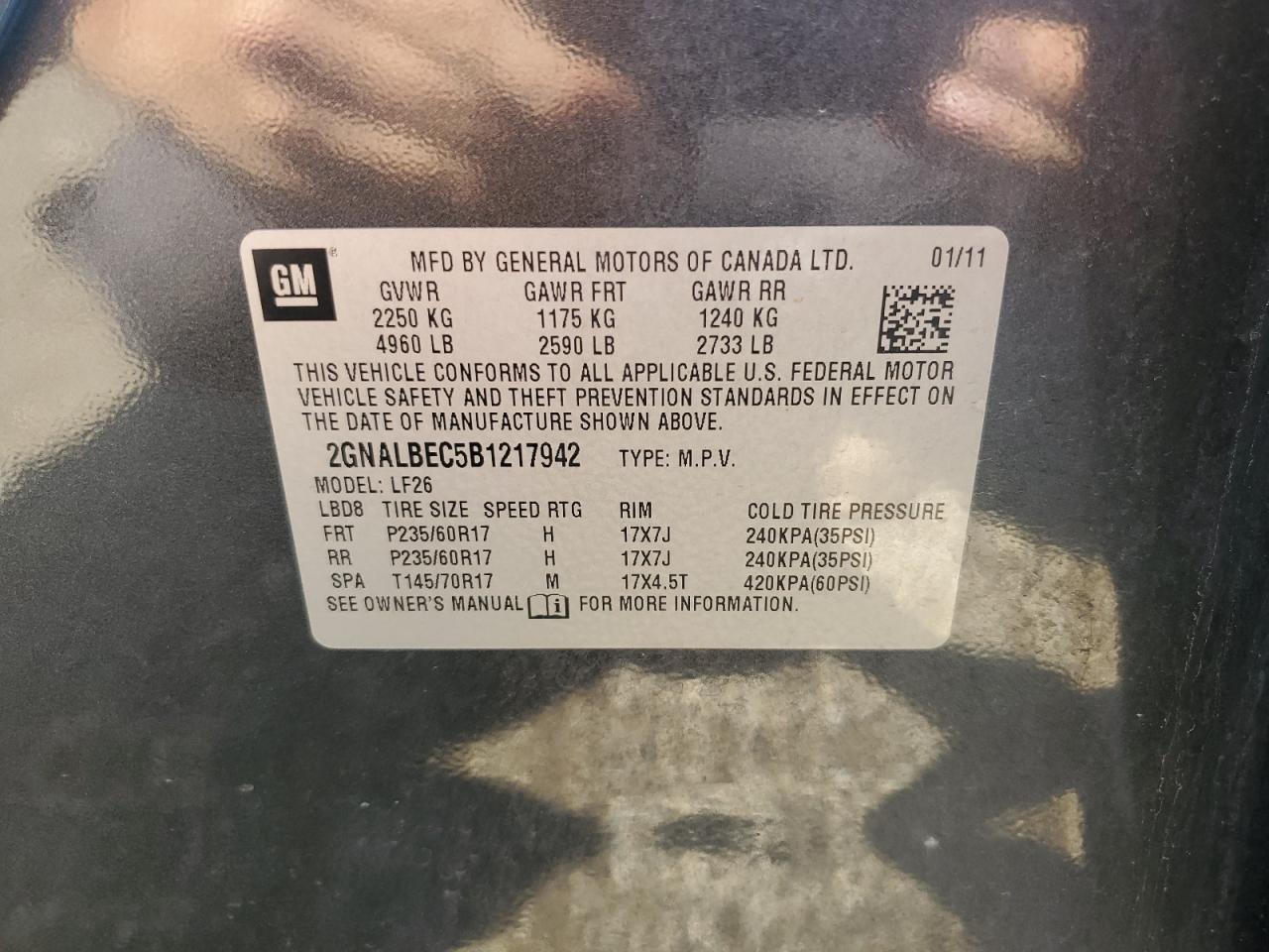 2011 Chevrolet Equinox Ls VIN: 2GNALBEC5B1217942 Lot: 63196724