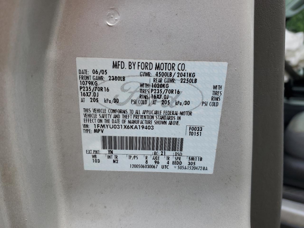 2006 Ford Escape Xlt VIN: 1FMYU031X6KA19403 Lot: 63894554