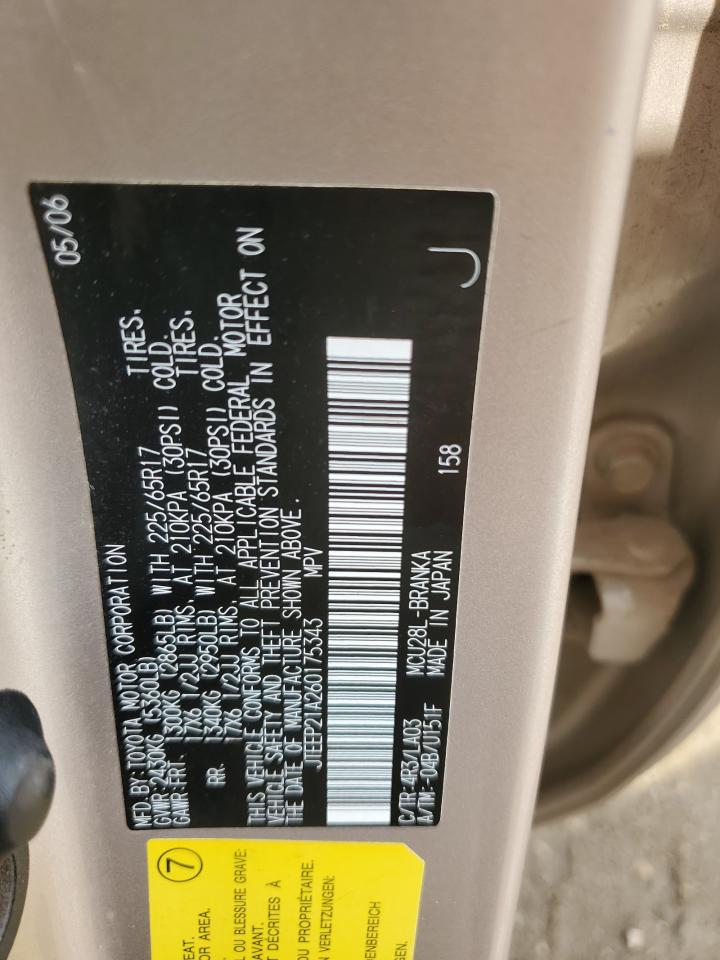 2006 Toyota Highlander Limited VIN: JTEEP21A260175343 Lot: 62460254