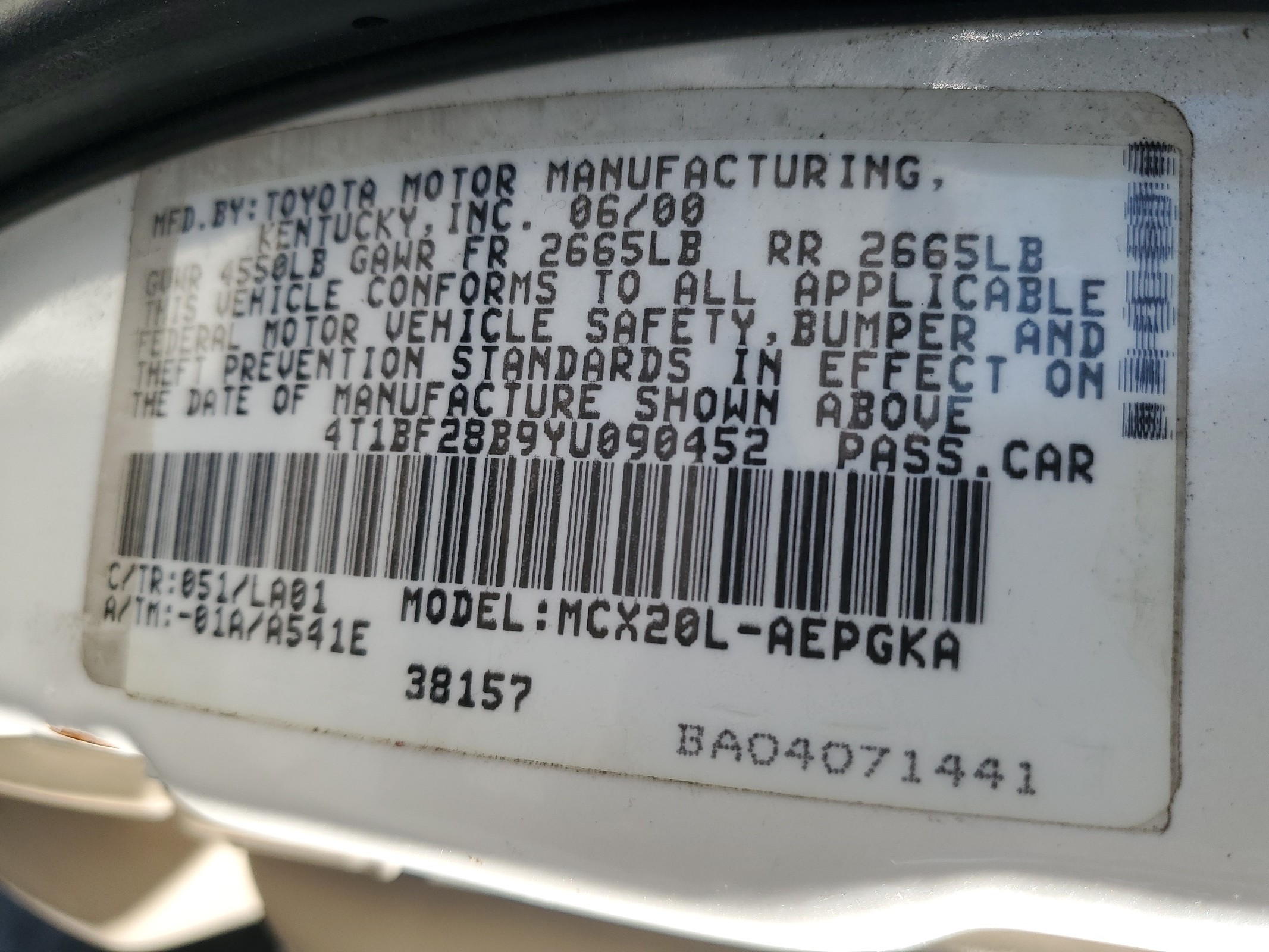 4T1BF28B9YU090452 2000 Toyota Avalon Xl