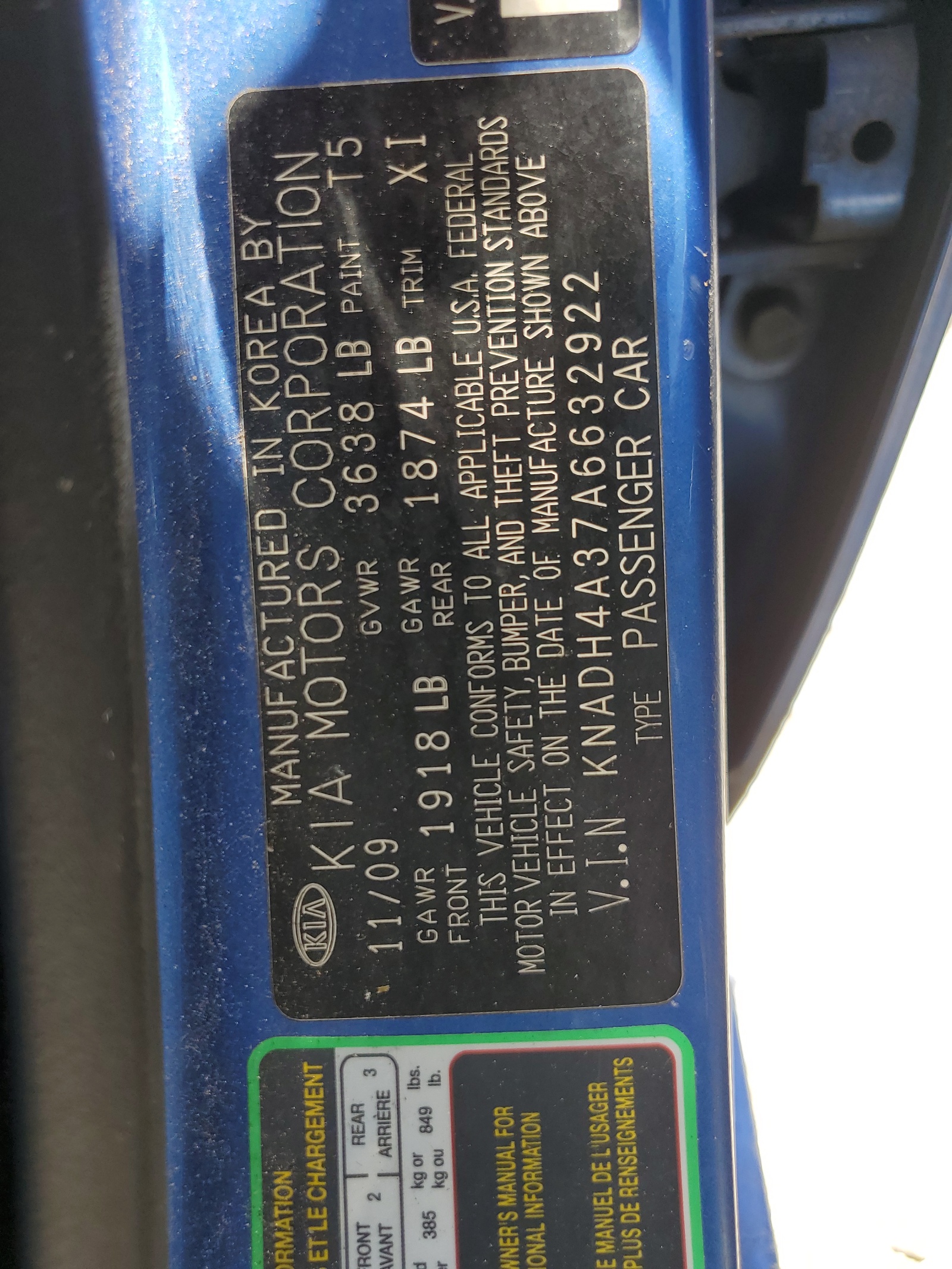 KNADH4A37A6632922 2010 Kia Rio Lx