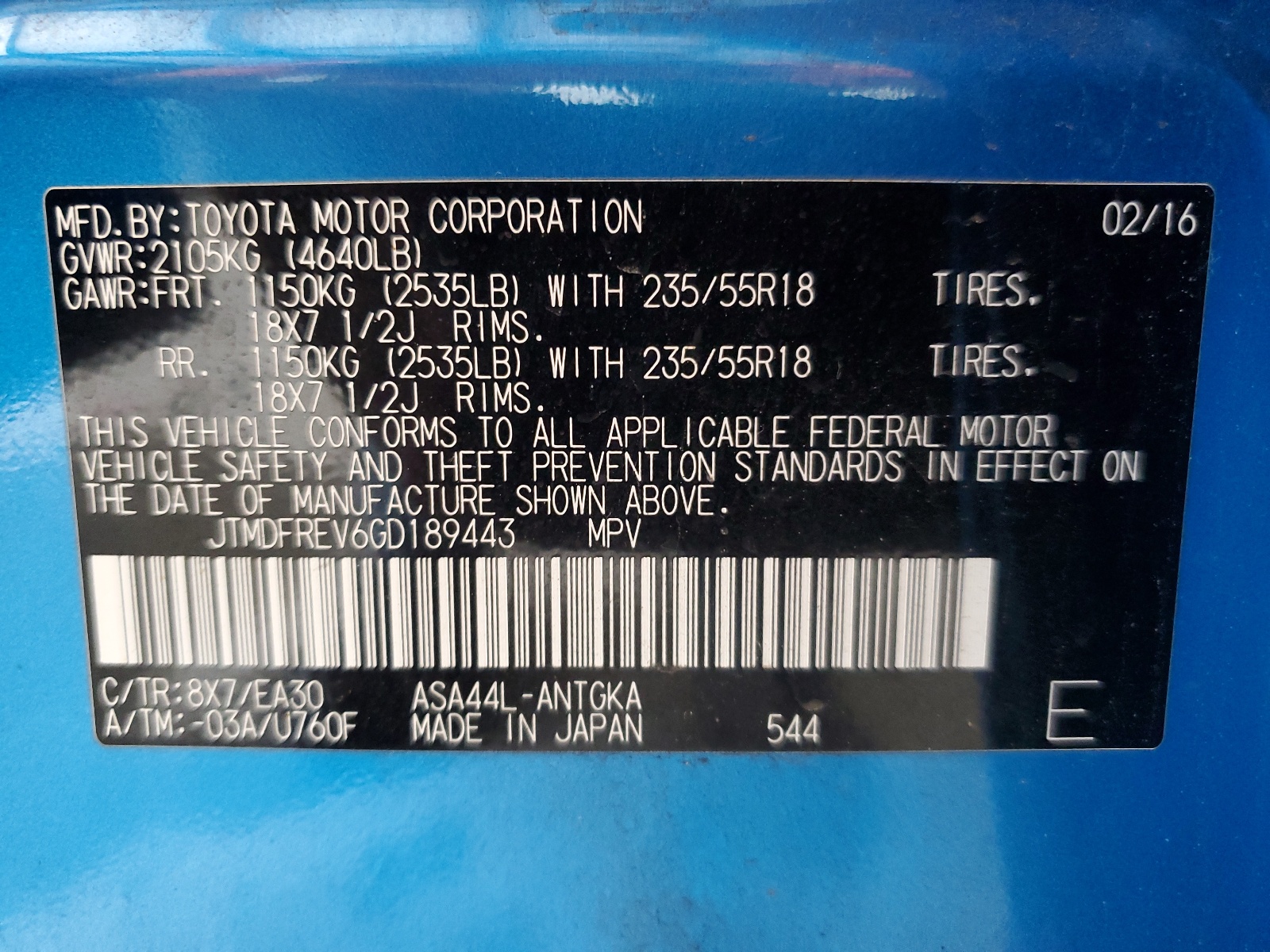 JTMDFREV6GD189443 2016 Toyota Rav4 Limited