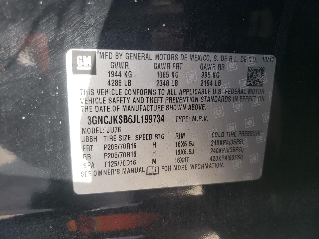 2018 Chevrolet Trax Ls VIN: 3GNCJKSB6JL199734 Lot: 61622244